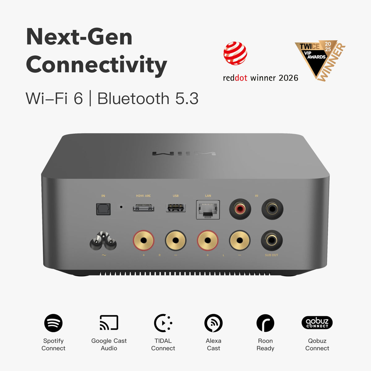 WiiM Amp Ultra touchscreen close-up enables quick access to settings and playback.