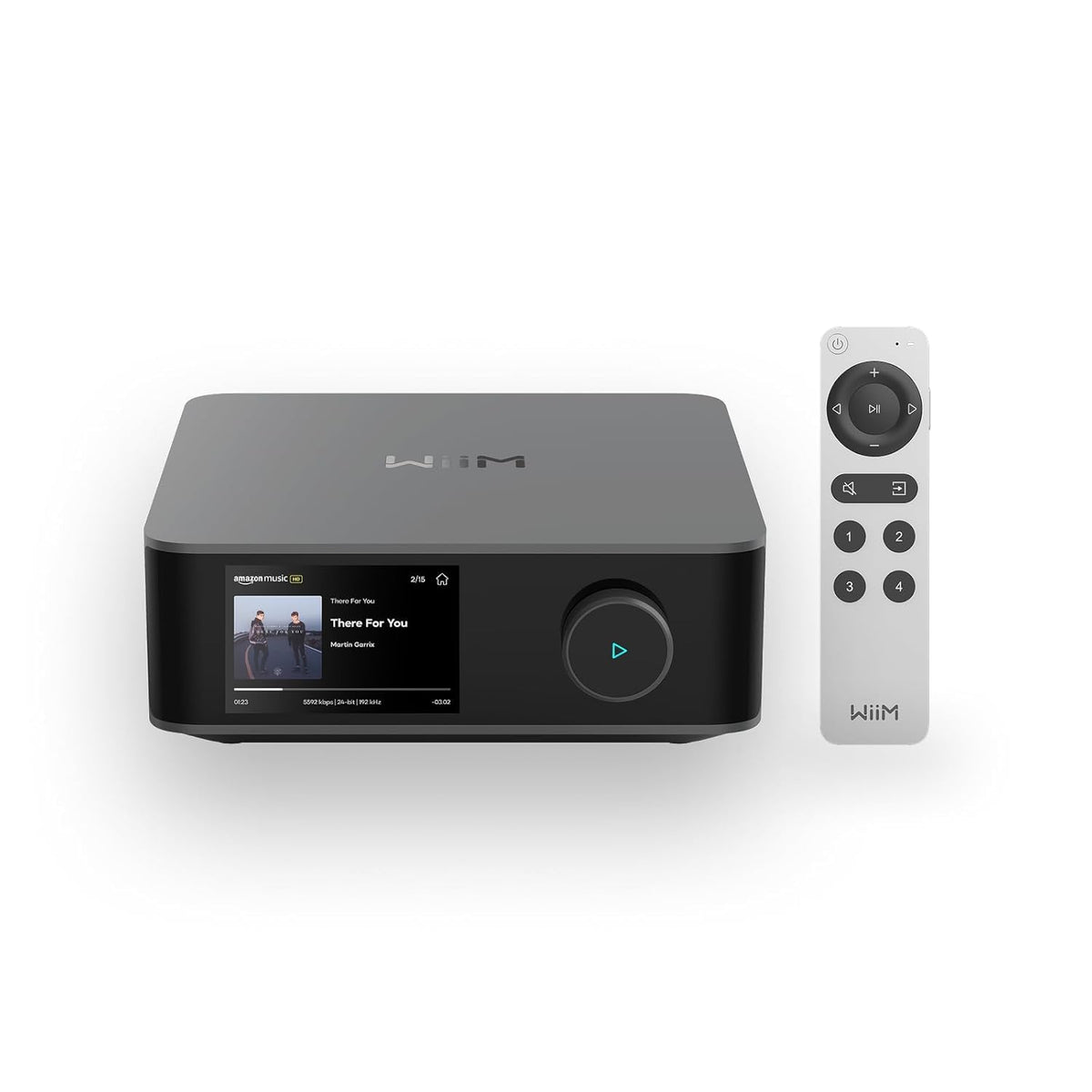 WiiM Amp Ultra front view with voice remote for easy control and setup.