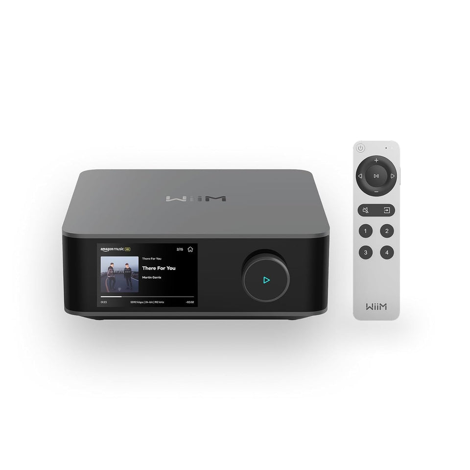 WiiM Amp Ultra front view with voice remote for easy control and setup.