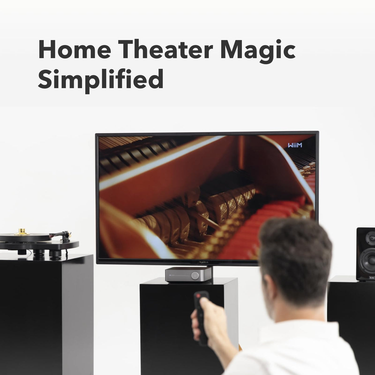 WiiM Amp voice remote and voice control capabilities shown