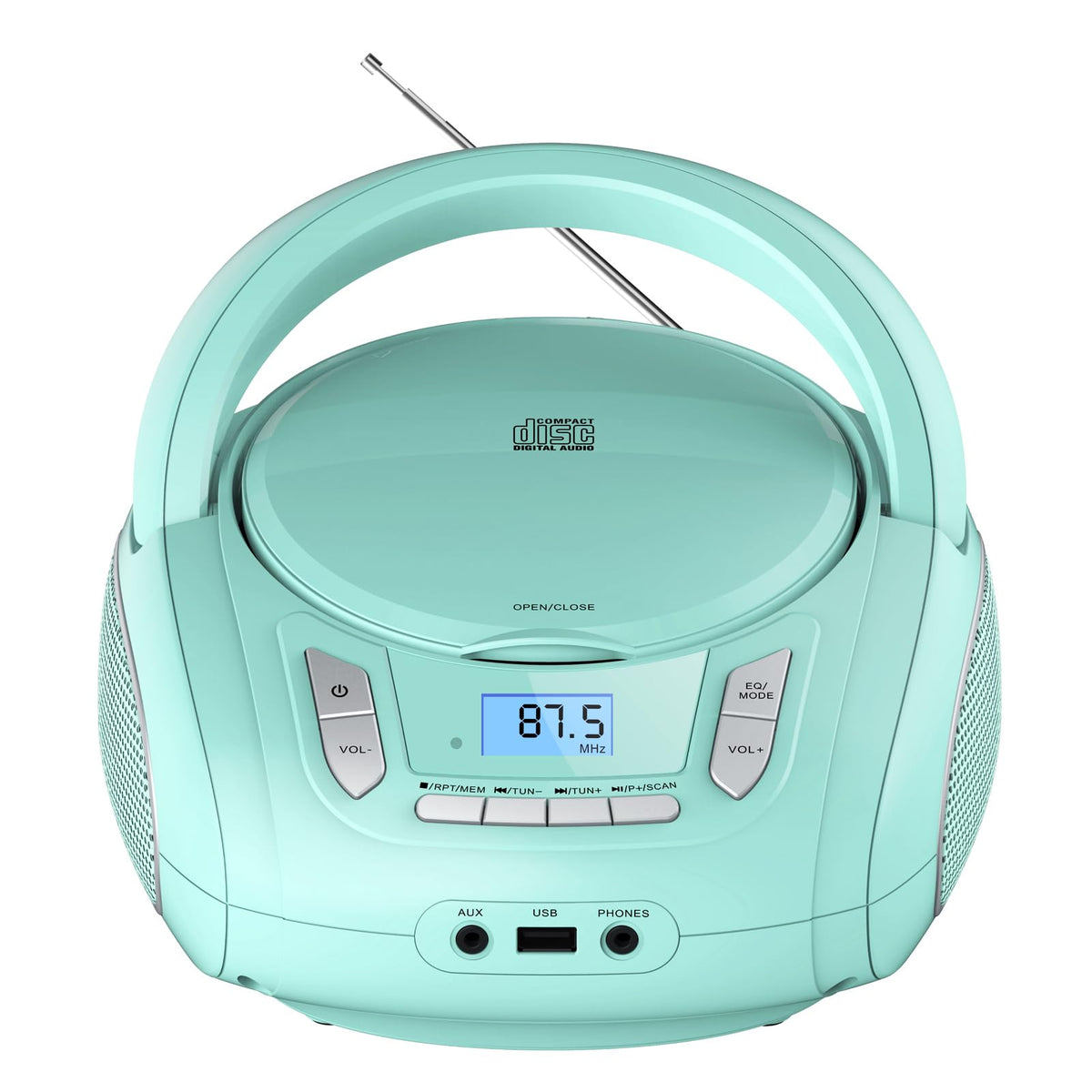 WIITHINK boombox front view showing speakers and display for easy playback