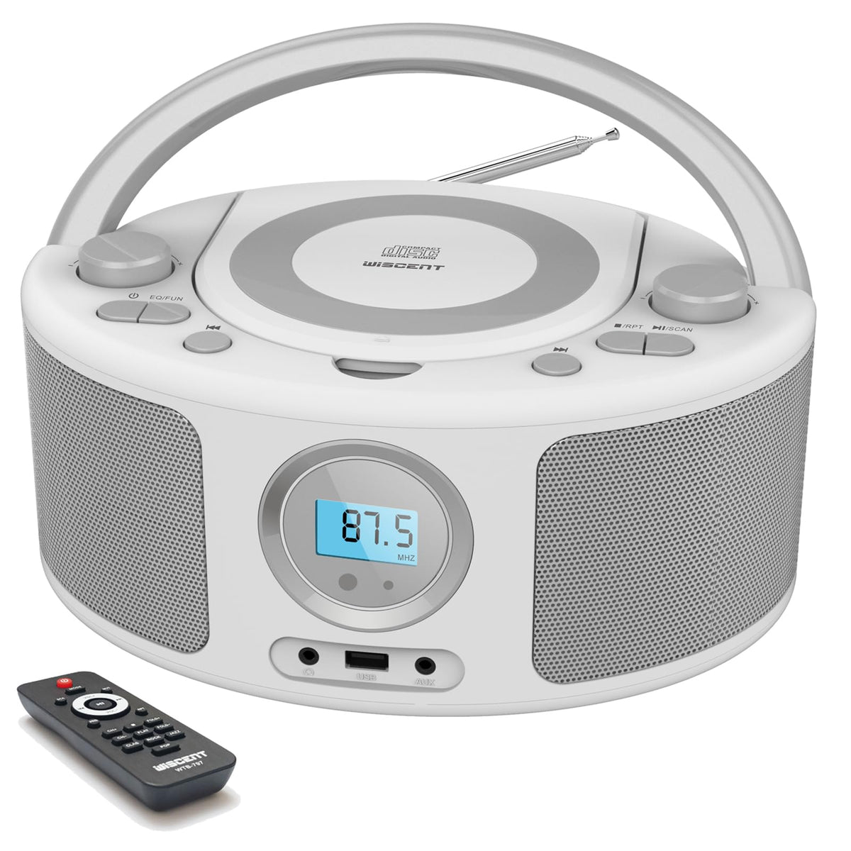WIITHINK front view of boombox showing modern silver-white design and clear controls for easy use