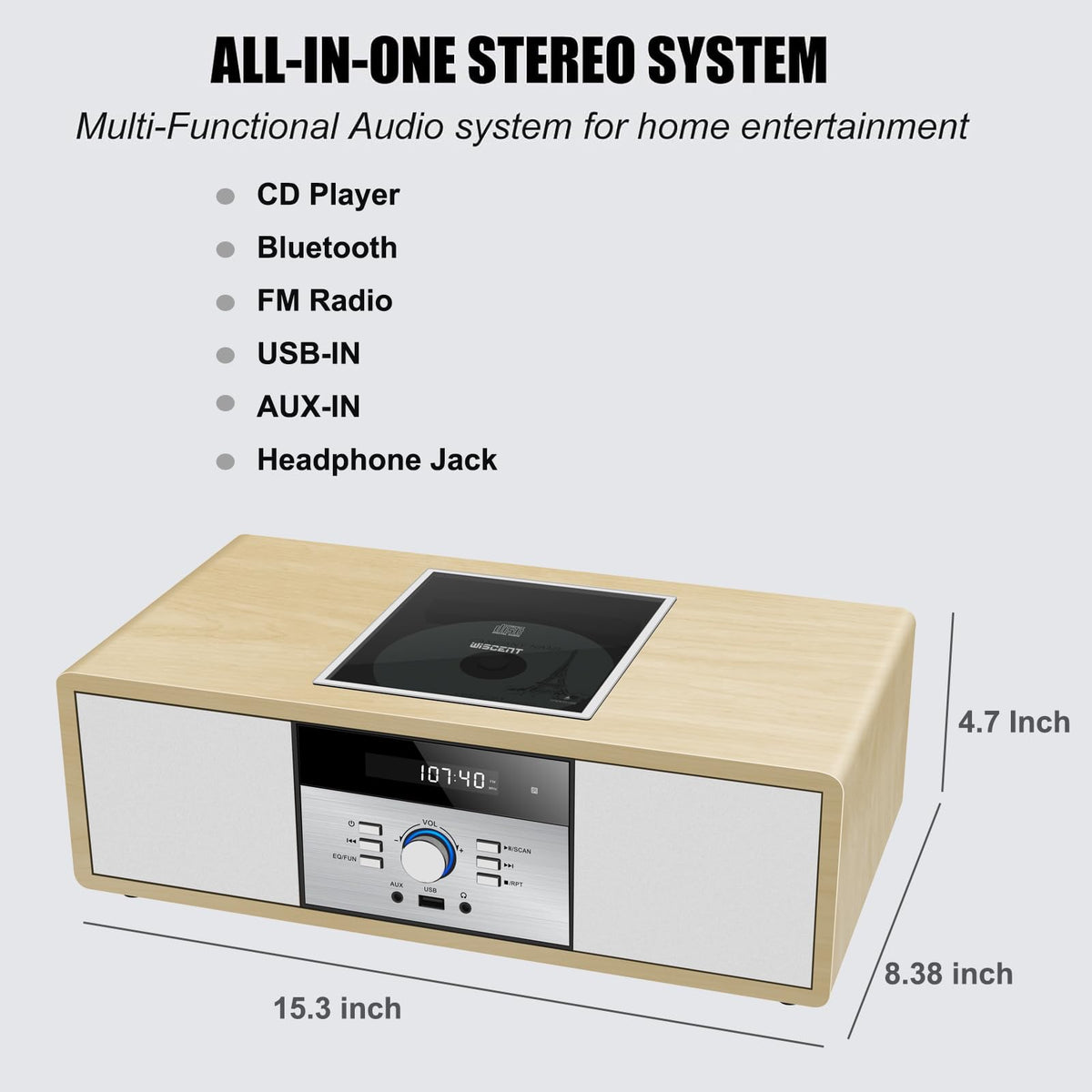WIITHINK stereo top-loading CD lid highlights retro-modern appeal.