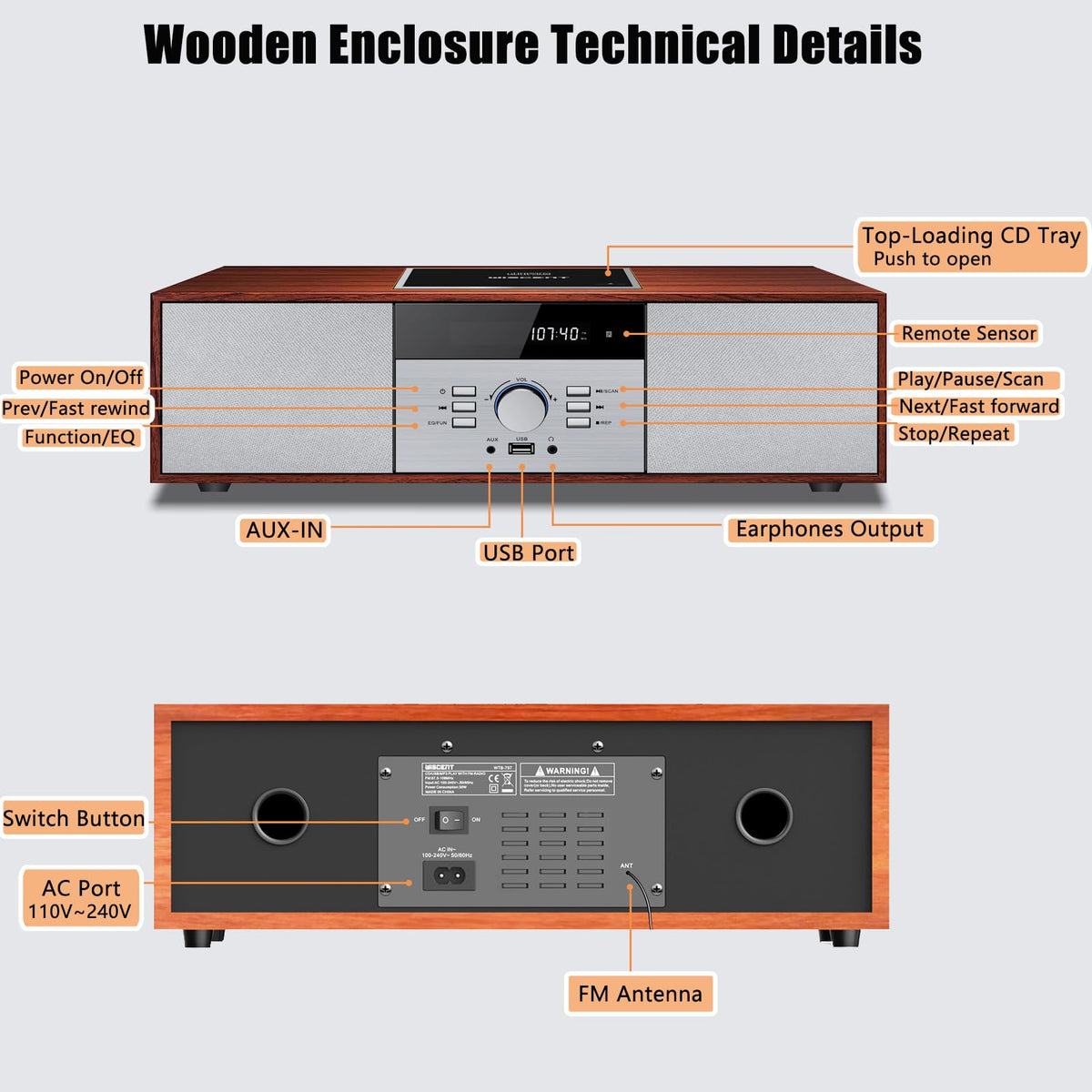 WIITHINK Vintage CD player USB playback enables MP3 access from USB drives.
