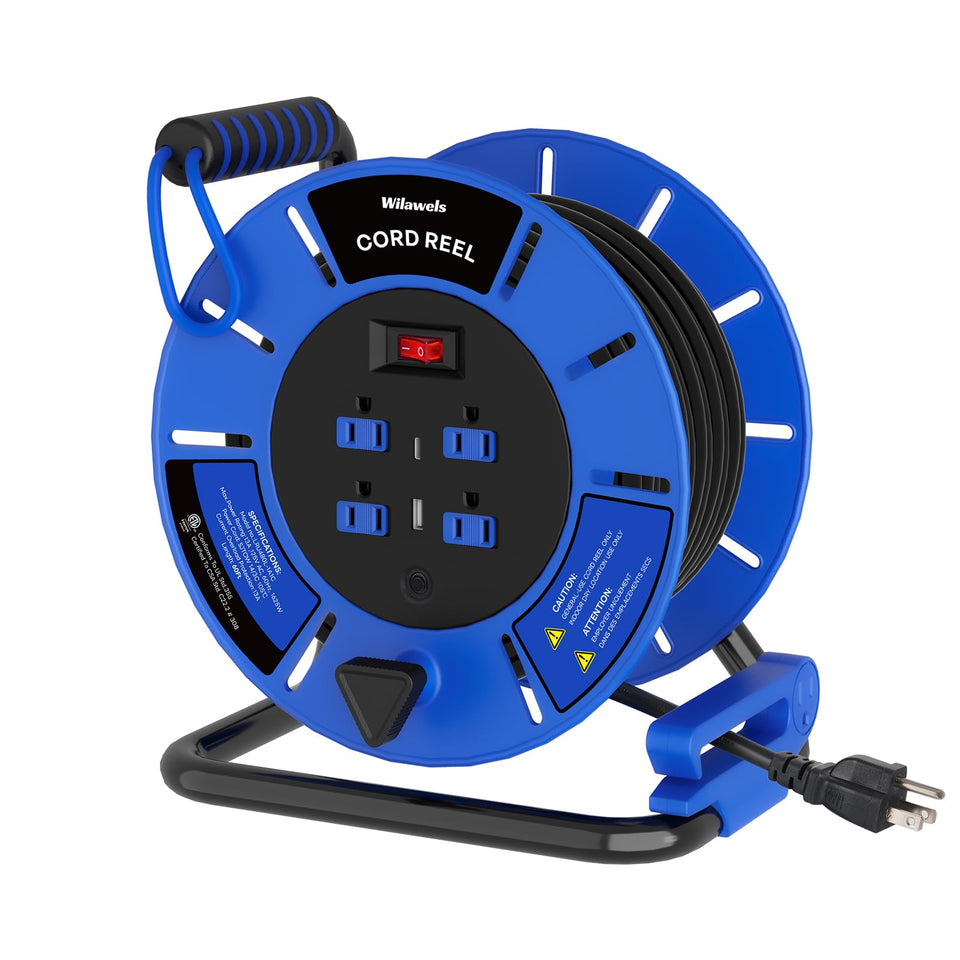 WILAWELS 60ft retractable extension cord reel ready for outdoor use on a job site.