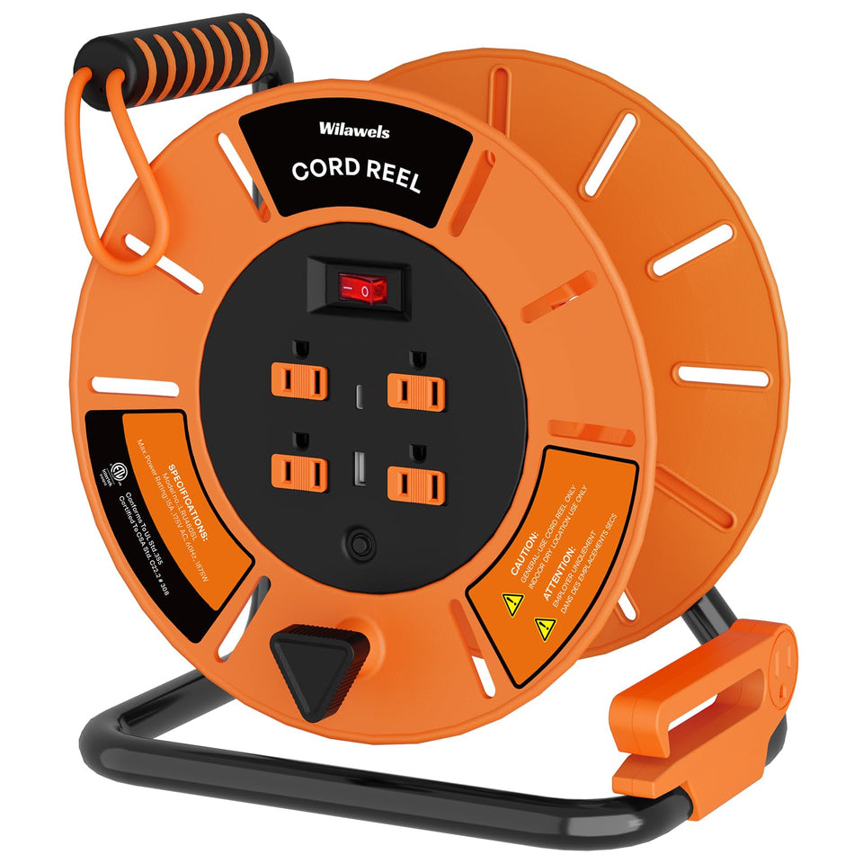 WILAWELS extension cord reel with 4 outlets and USB ports for versatile workshop power.