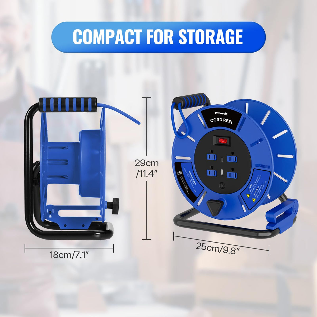 WILAWELS reel showing four outlets and USB ports for versatile power usage.