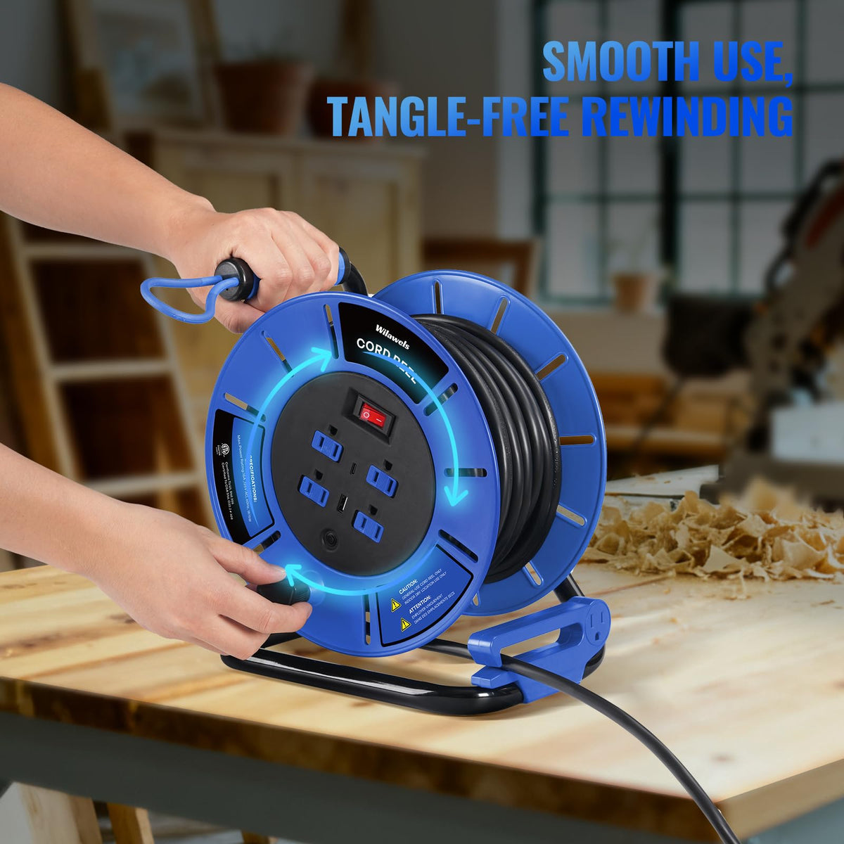 WILAWELS blue reel illustrating long-cord capability for bigger projects.