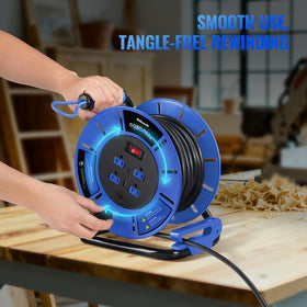 WILAWELS blue reel illustrating long-cord capability for bigger projects.