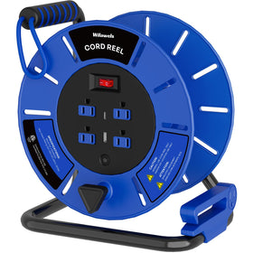 WILAWELS extension cord reel with metal base and top handle for stable transport.