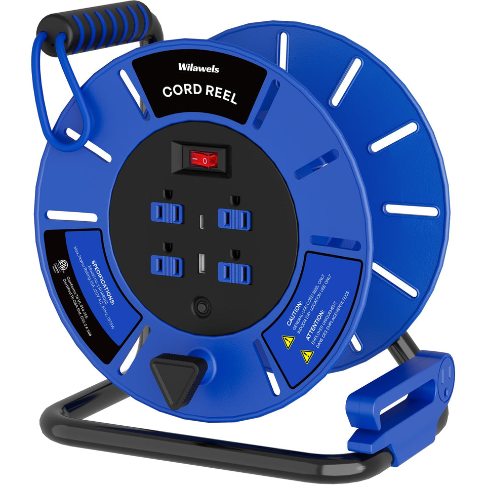 WILAWELS extension cord reel with metal base and top handle for stable transport.