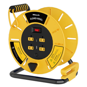 WILAWELS extension cord reel with metal base and top handle for stable setup.