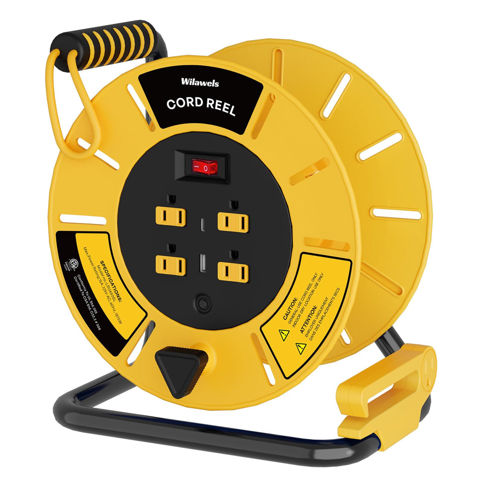 WILAWELS extension cord reel with metal base and top handle for stable setup.
