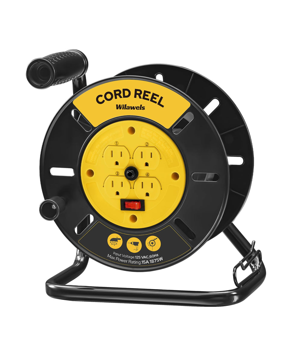 WILAWELS yellow reel side view showing sturdy base