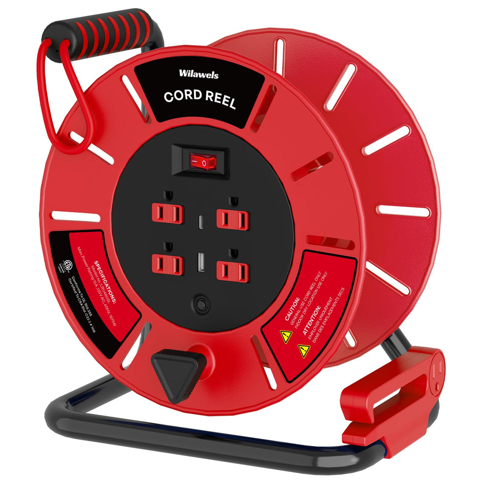 WILAWELS extension reel front view shows four outlets for versatile power access