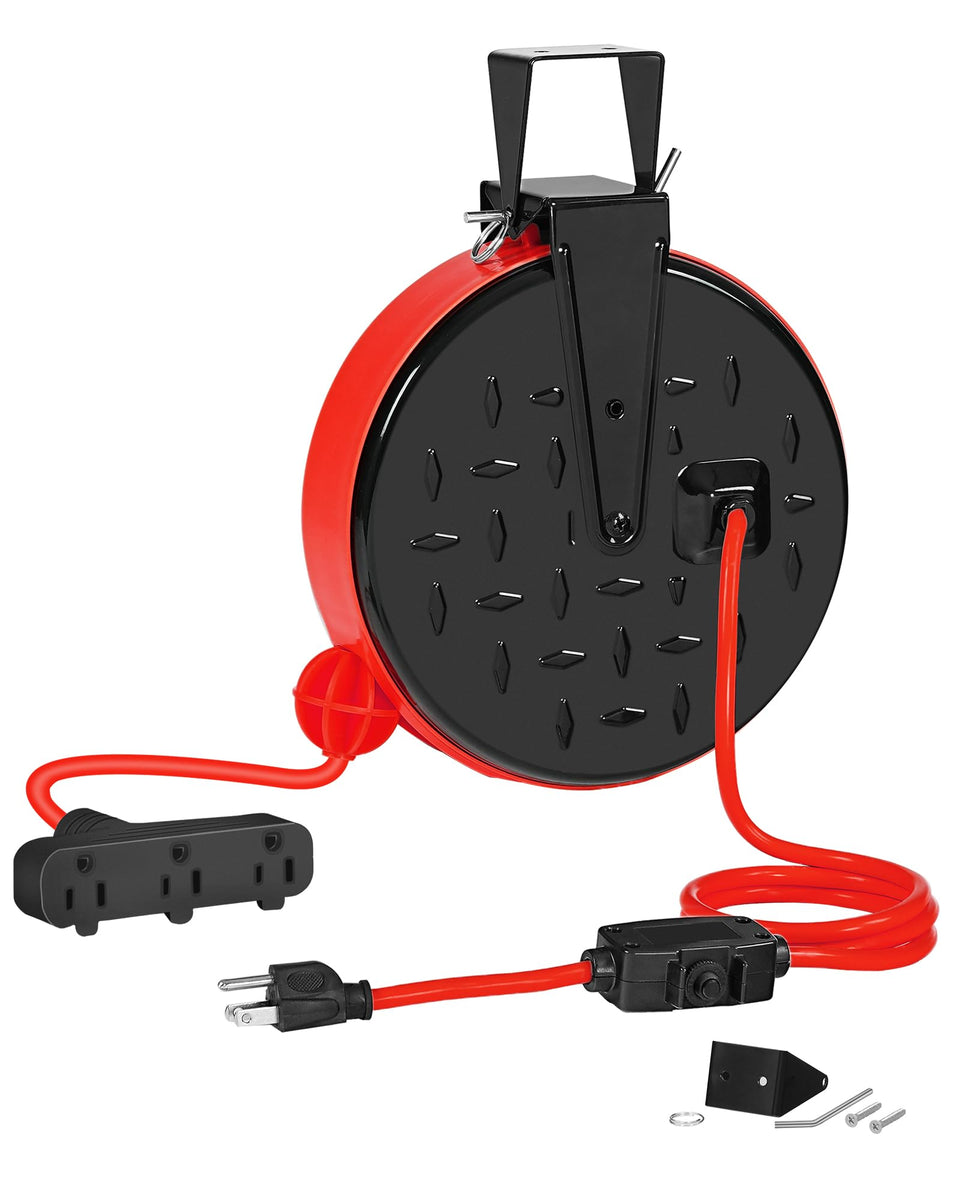 WILAWELS front view of retractable cord reel showing compact housing and cord benefit tidy storage