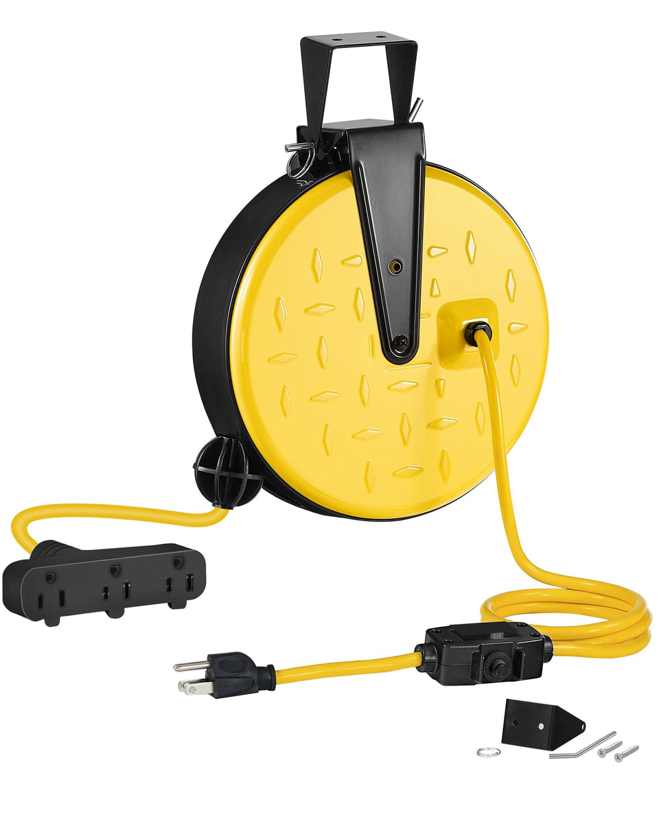 WILAWELS front view of retractable reel showing compact housing and cord access, tidy storage benefit