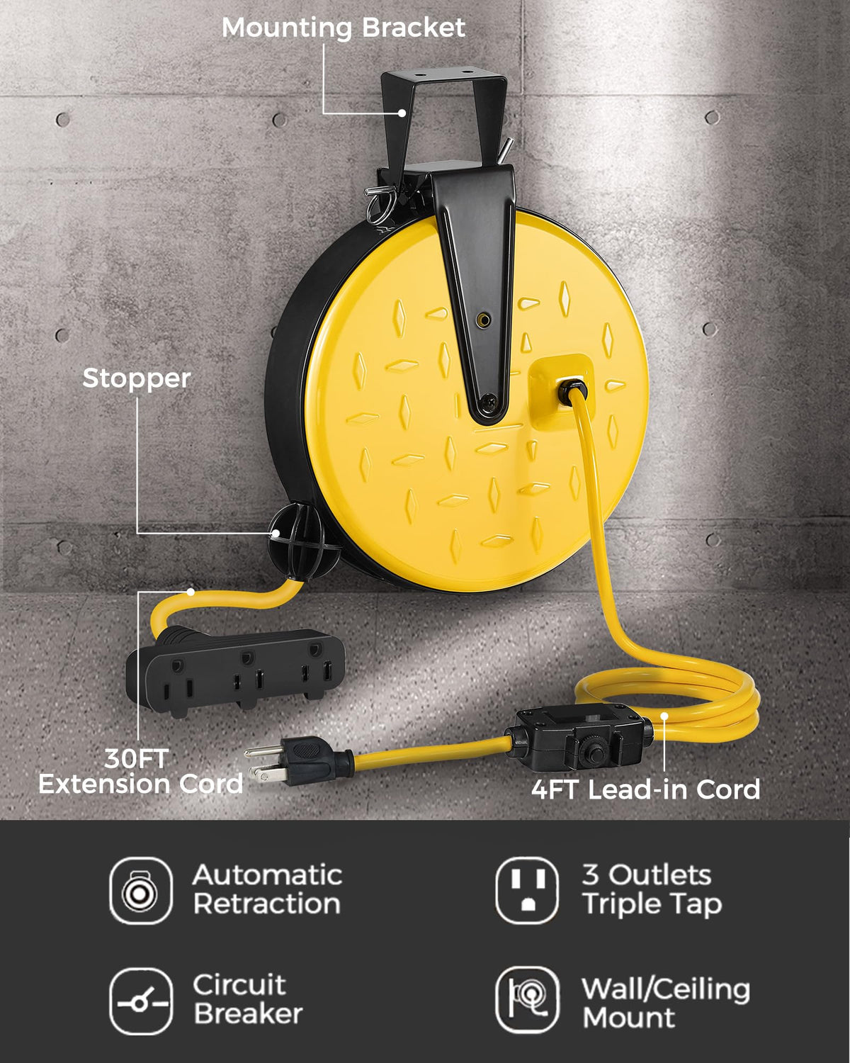 WILAWELS ceiling-mounted reel in garage showing space-saving organized power access