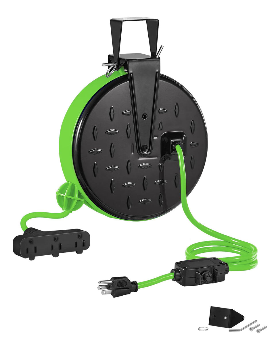 WILAWELS reel front view showing compact mounted unit and neat cord storage benefit