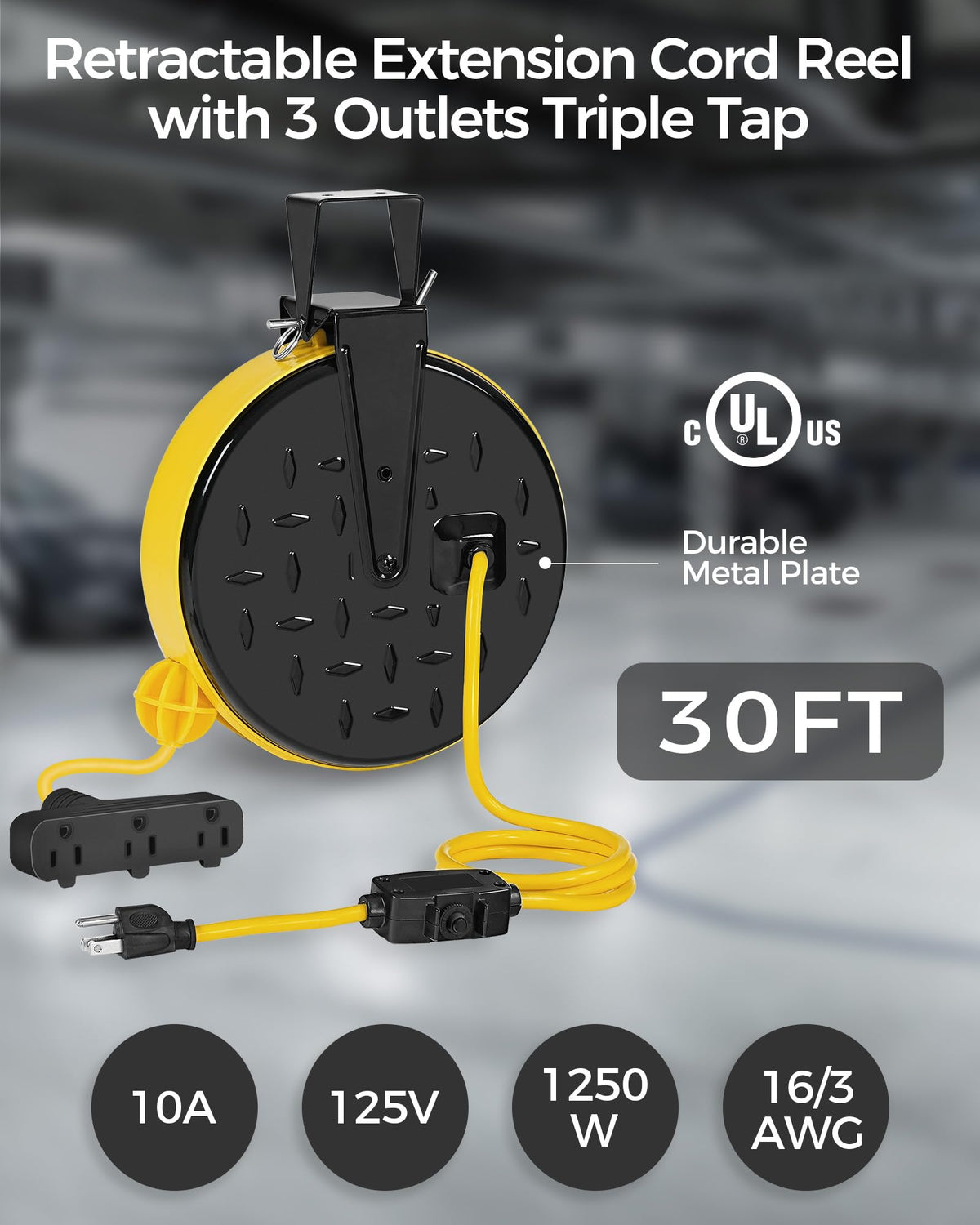 WILAWELS reel mounted in garage showing tidy cord storage and workspace safety