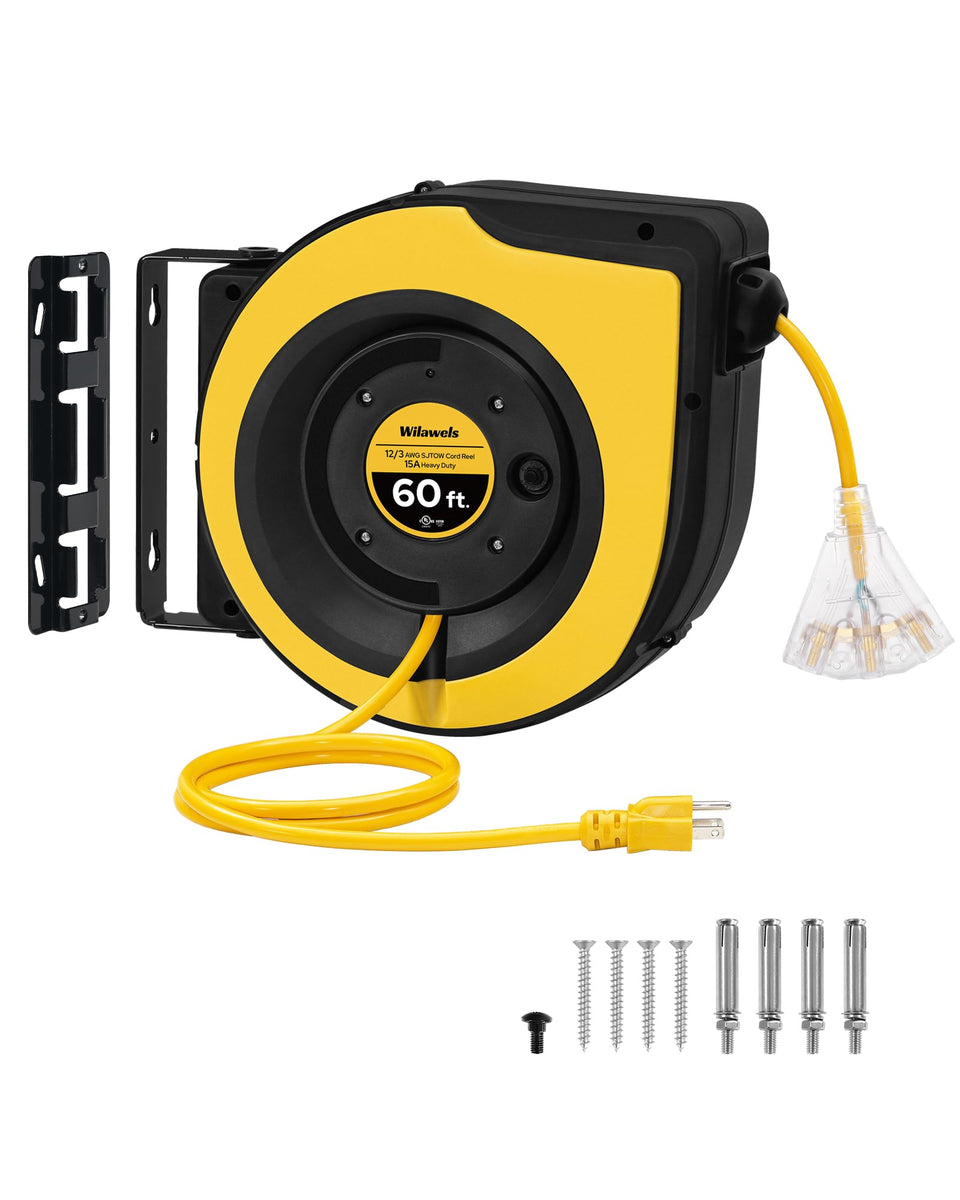 WILAWELS retractable cord reel with 60 ft reach, ideal for garage and workshop setups.