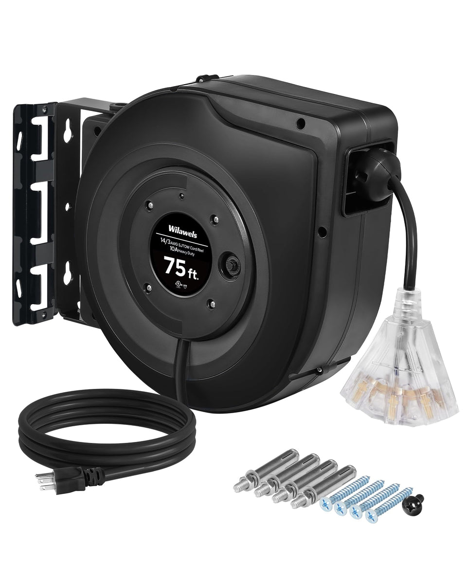WILAWELS retractable cord reel with 75-foot reach for versatile power in workshops.