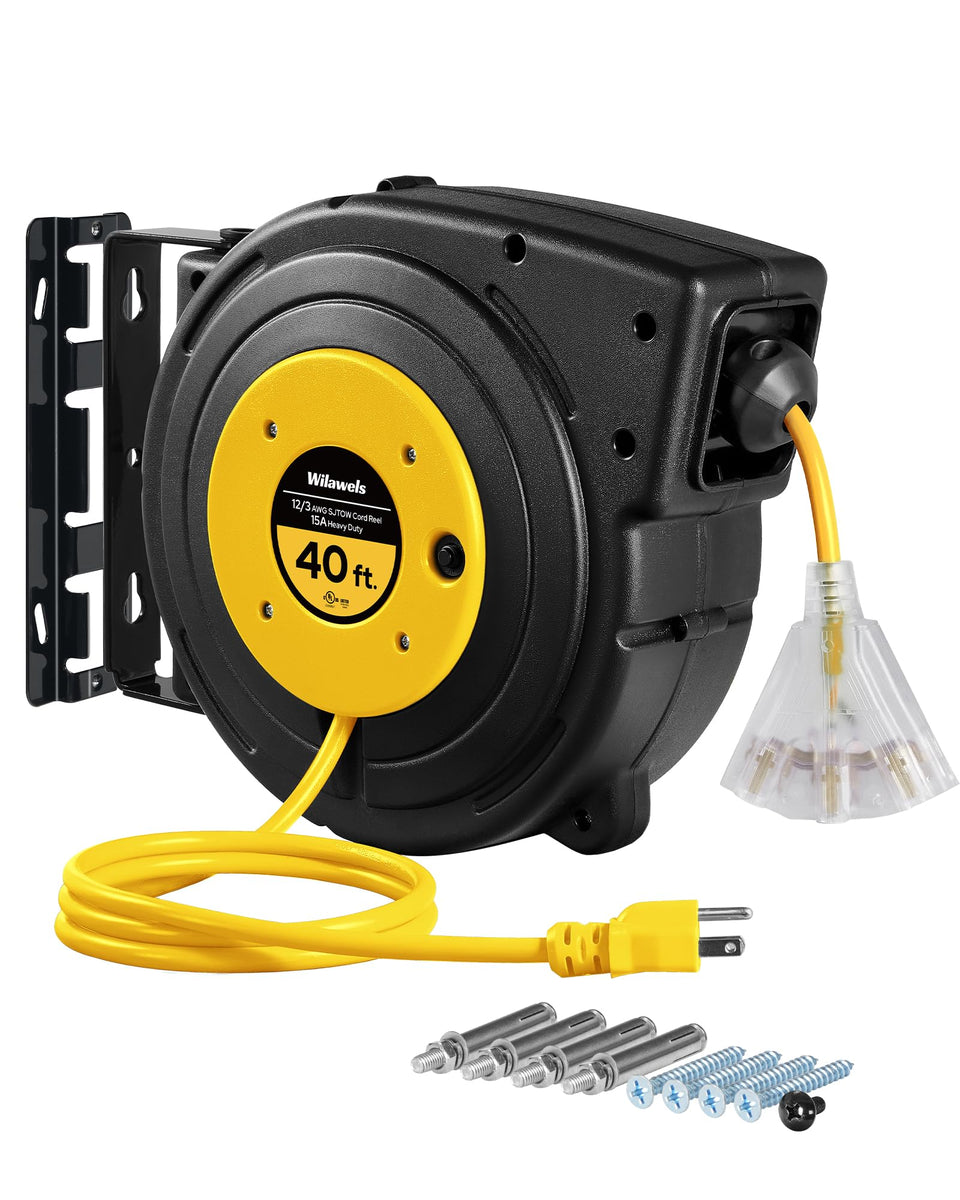 WILAWELS retractable extension cord reel with 40ft reach and three grounded outlets for flexible power