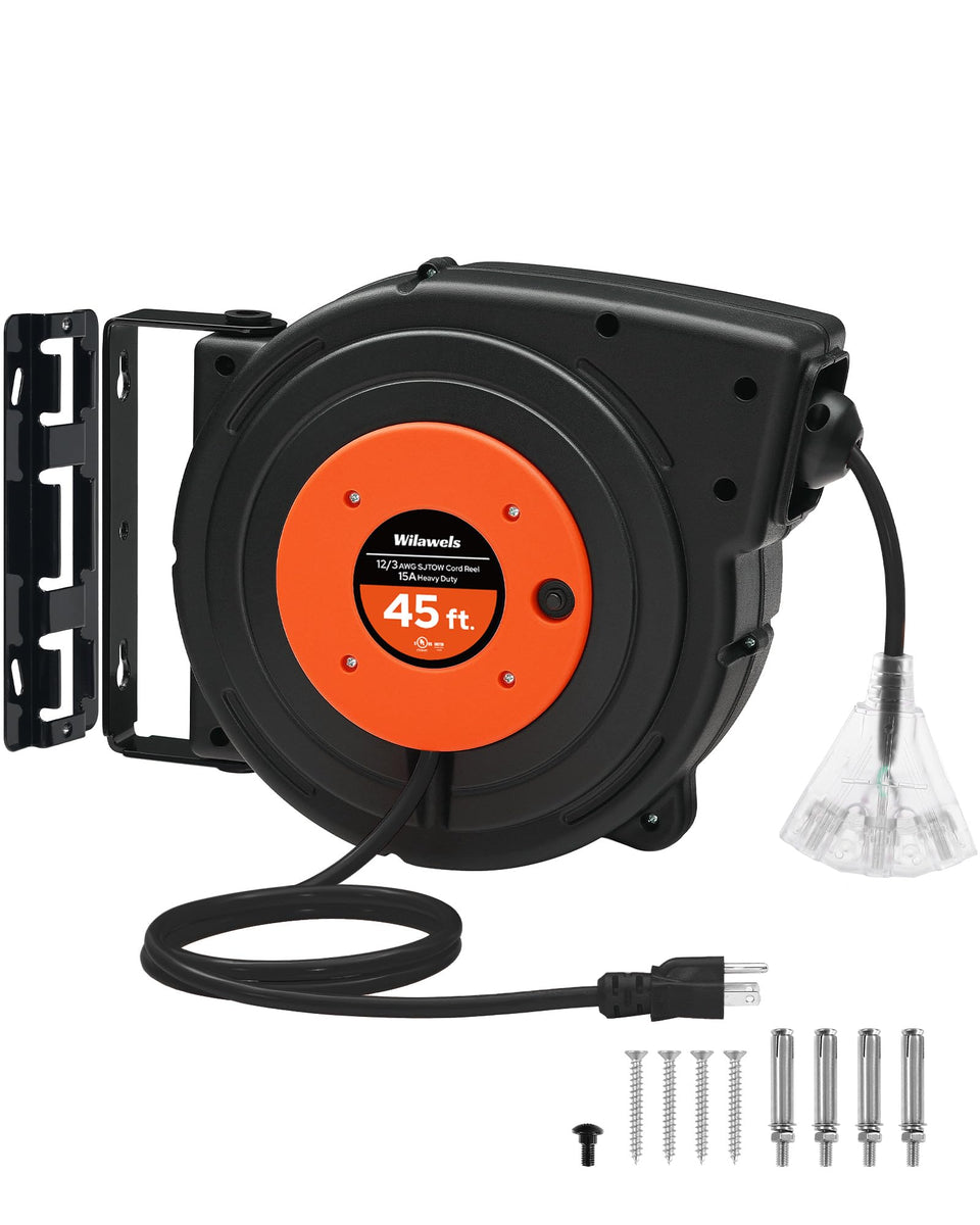 WILAWELS retractable cord reel mounted on wall showing 45ft reach for garages