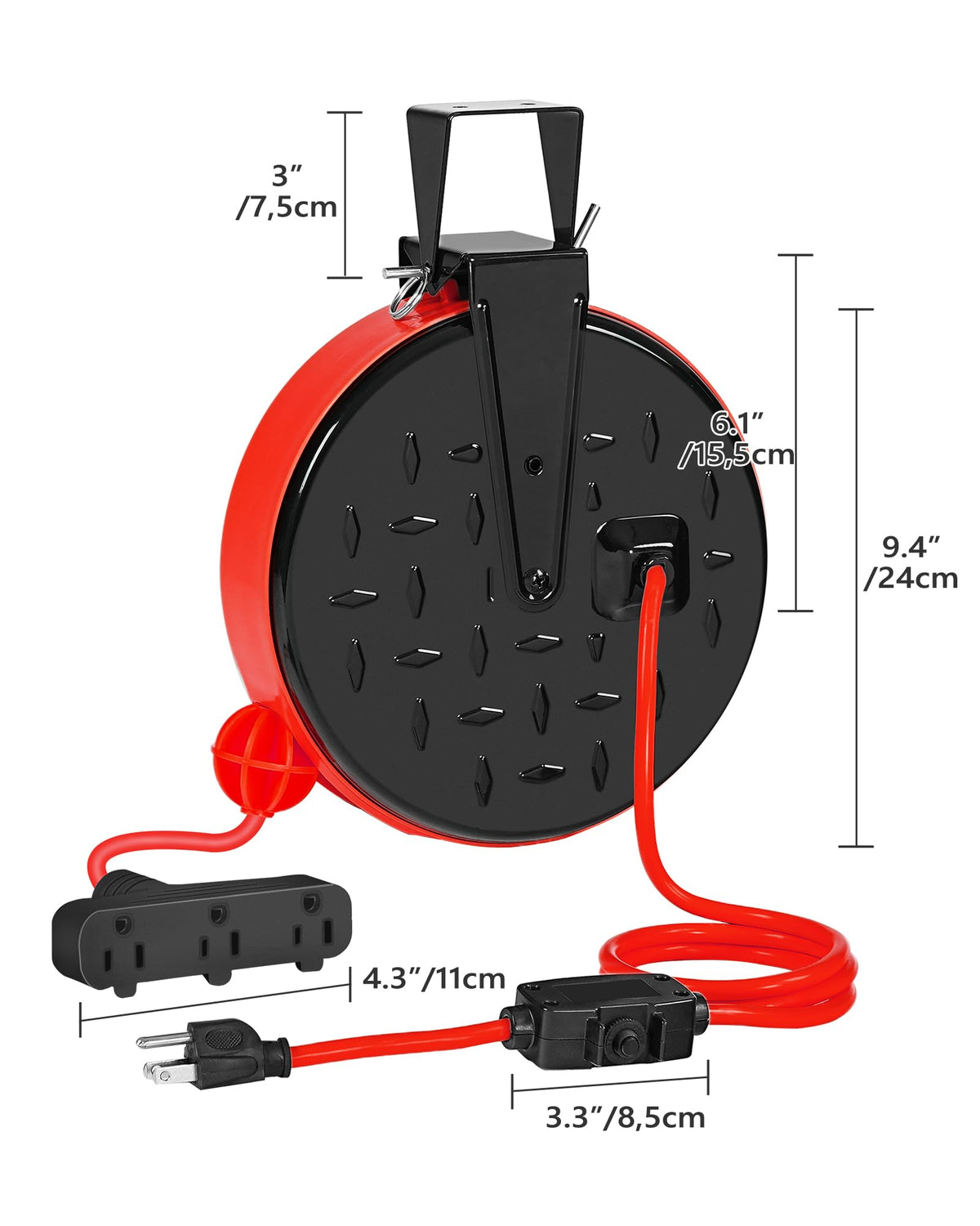 WILAWELS cord reel next to ruler for scale showing compact footprint and space-saving benefit