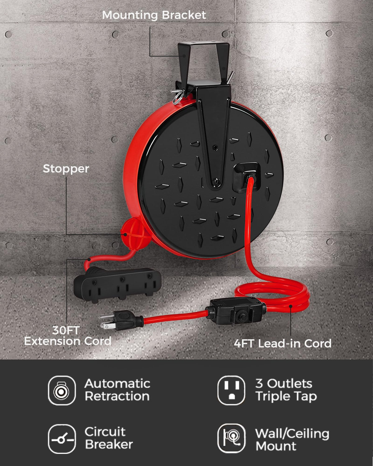 WILAWELS circuit breaker reset button detail showing overload protection and easy reset benefit