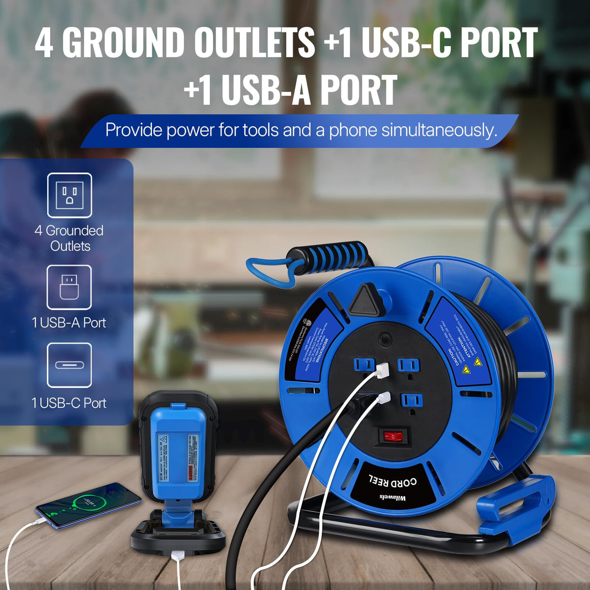 WILAWELS USB-A and USB-C ports offer convenient charging while working.