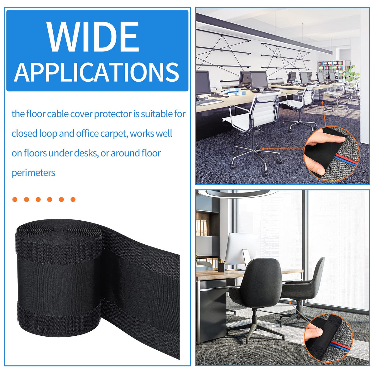 WILLBOND black carpet cord cover blends with dark office floors.