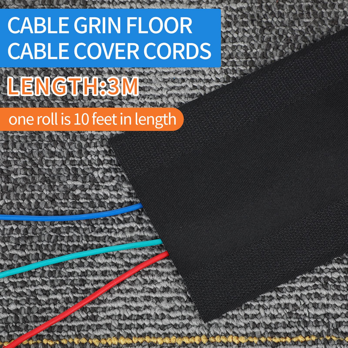 WILLBOND wide coverage cord cover protects multiple cables on short-pile carpet.