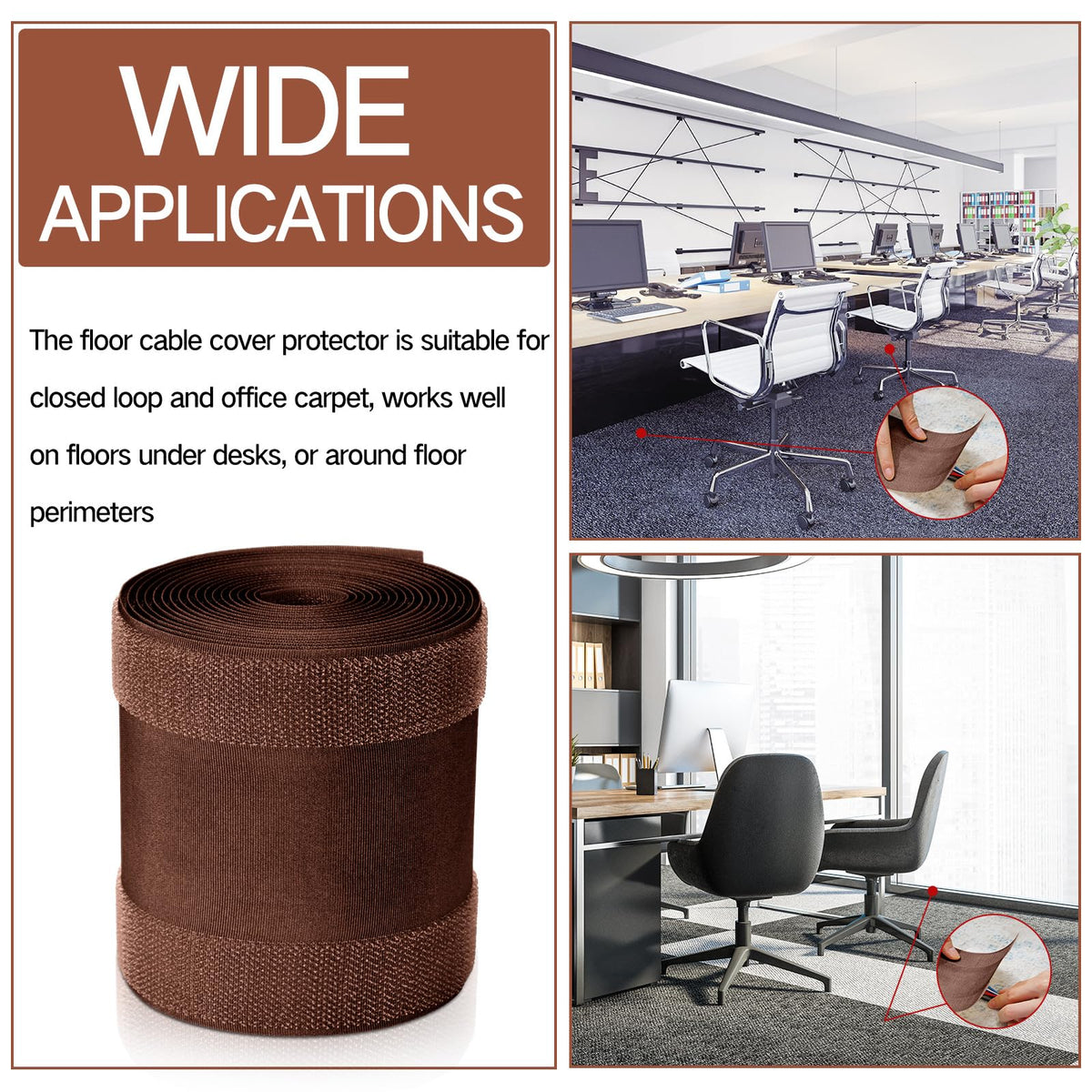WILLBOND hook-and-loop cable strip brown highlights quick, adjustable setup on carpeted floors.