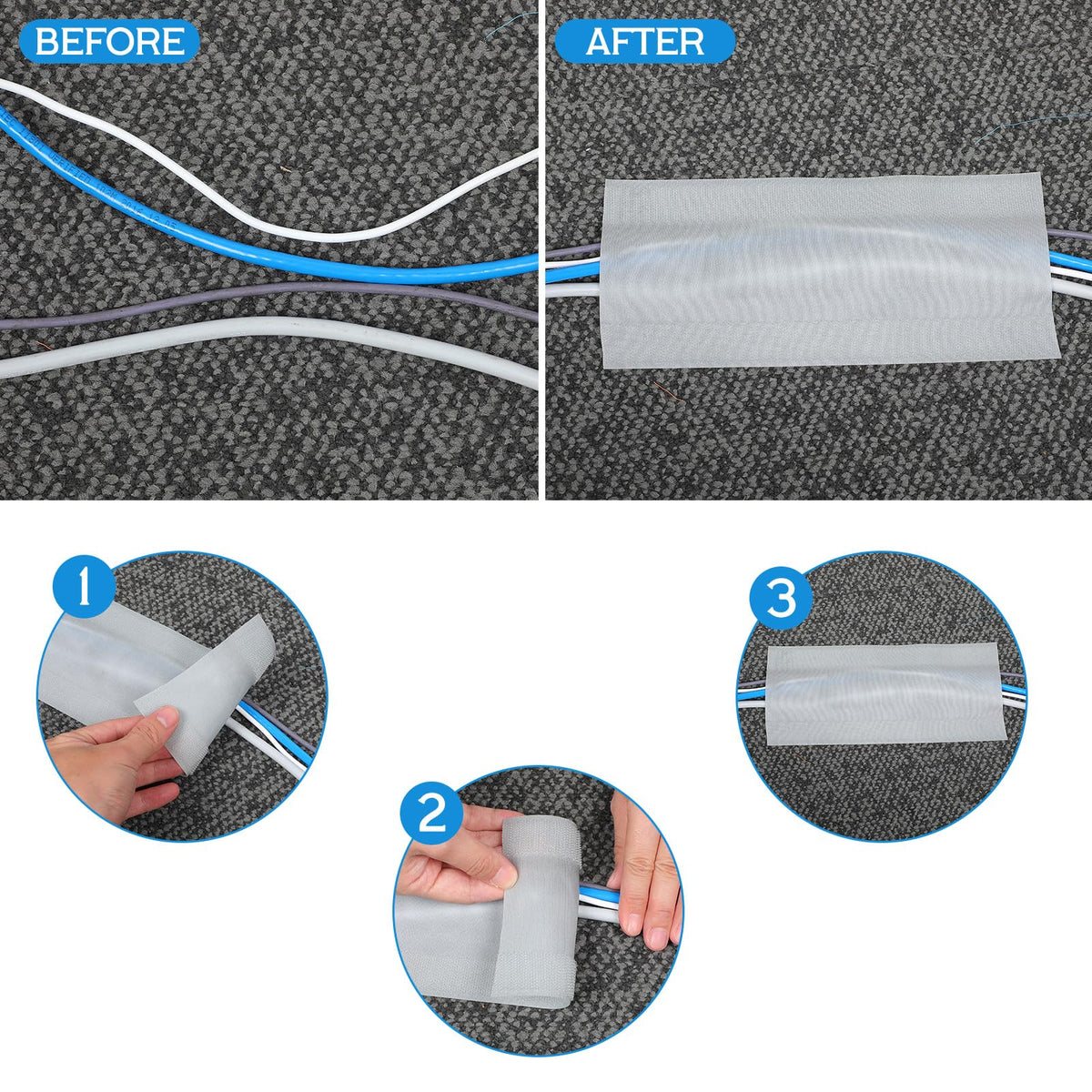 WILLBOND carpet cord cover in use under an office desk showing tripping risk reduction