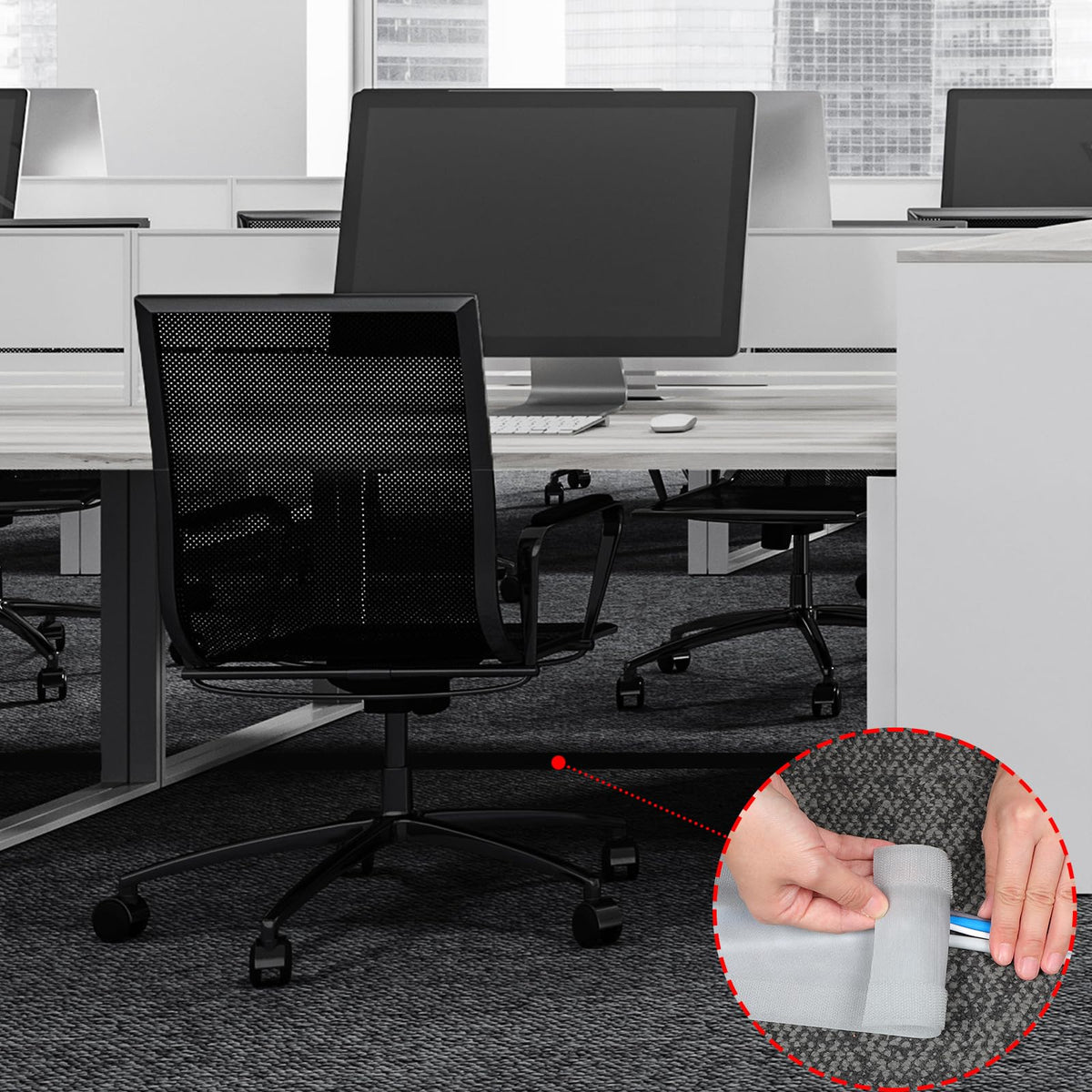 WILLBOND opened strip with cables inside in a lifestyle setting showing tidy workspace benefit