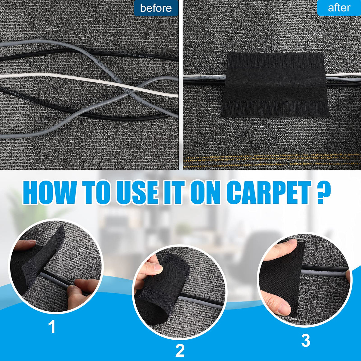 Willbond reusable cable cover is easy to cut and reuse on office carpets