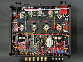 Back-panel connectors showing CD, AUX, PRE-IN and speaker outputs.