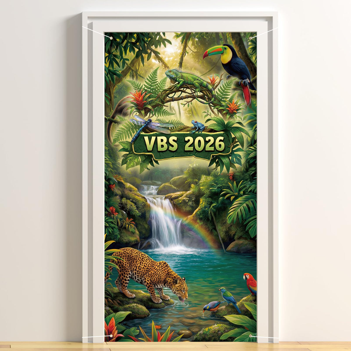 Windkream VBS 2026 rainforest waterfall backdrop for a dramatic door display