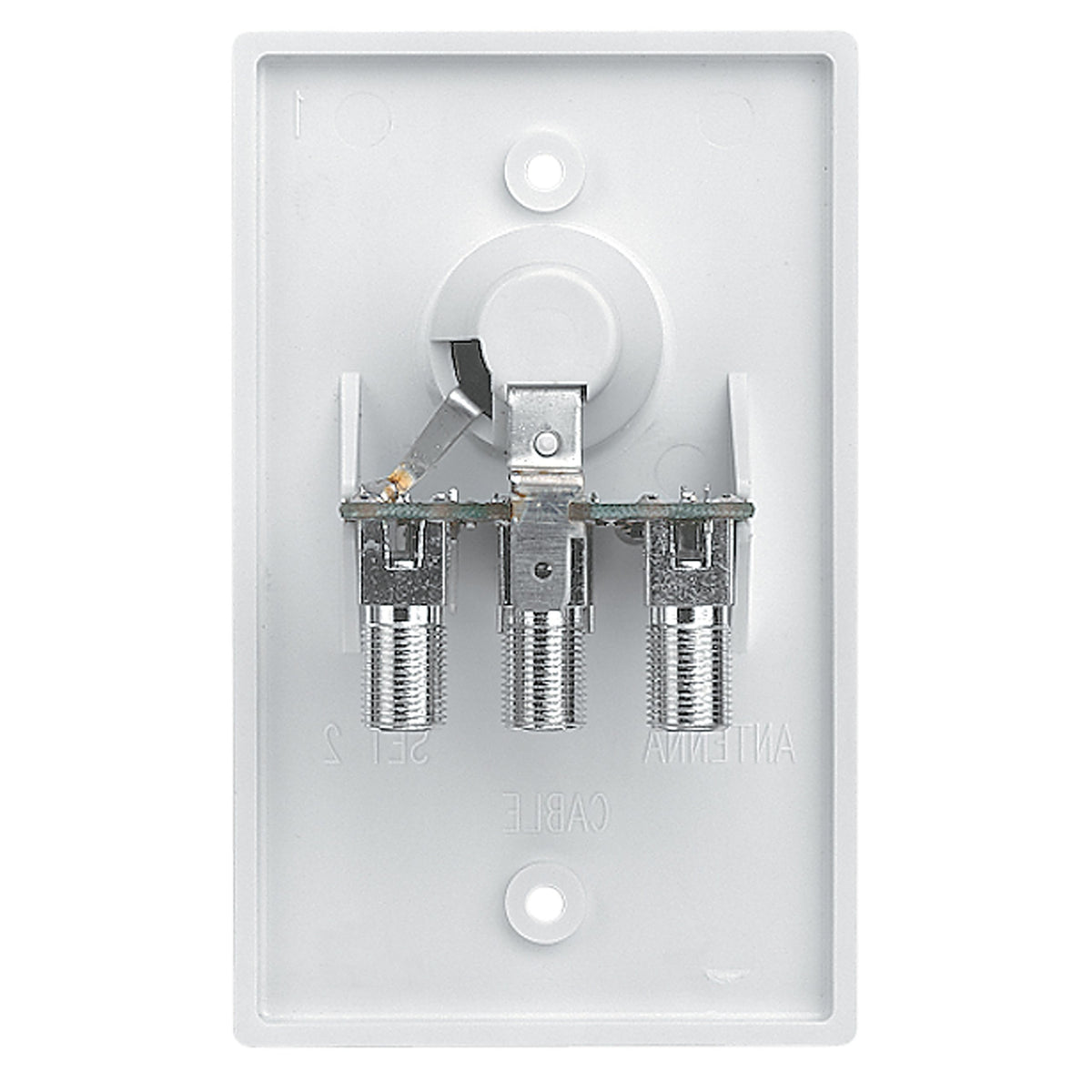 Winegard antenna system in RV living area showing wall plate and benefit of indoor operation