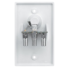 Winegard antenna system in RV living area showing wall plate and benefit of indoor operation