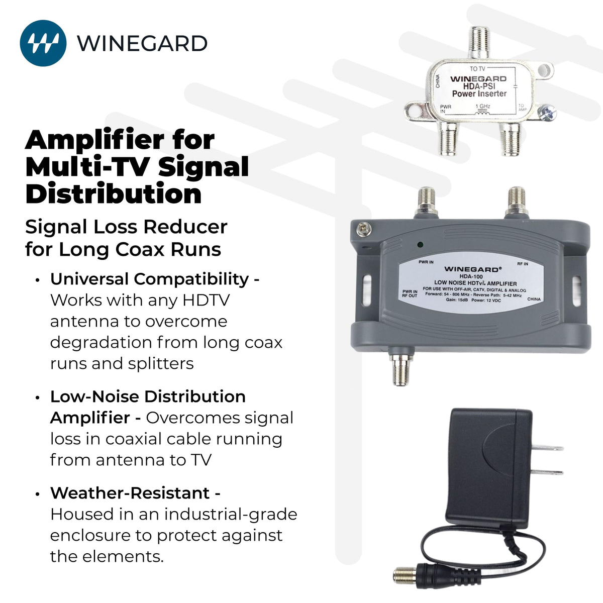 Winegard HDA-100 close-up of ports and label for easy installation guidance