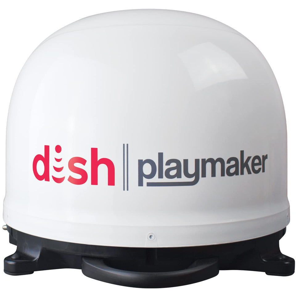 Winegard PL-7000 Dish Playmaker antenna setup outdoors for RV use with automatic satellite acquisition.