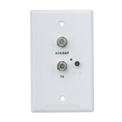 Winegard RV-7542 front view showing white wall plate and neat cable access, tidy RV entertainment