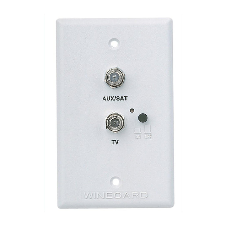 Winegard RV-7542 front view showing white wall plate and neat cable access, tidy RV entertainment