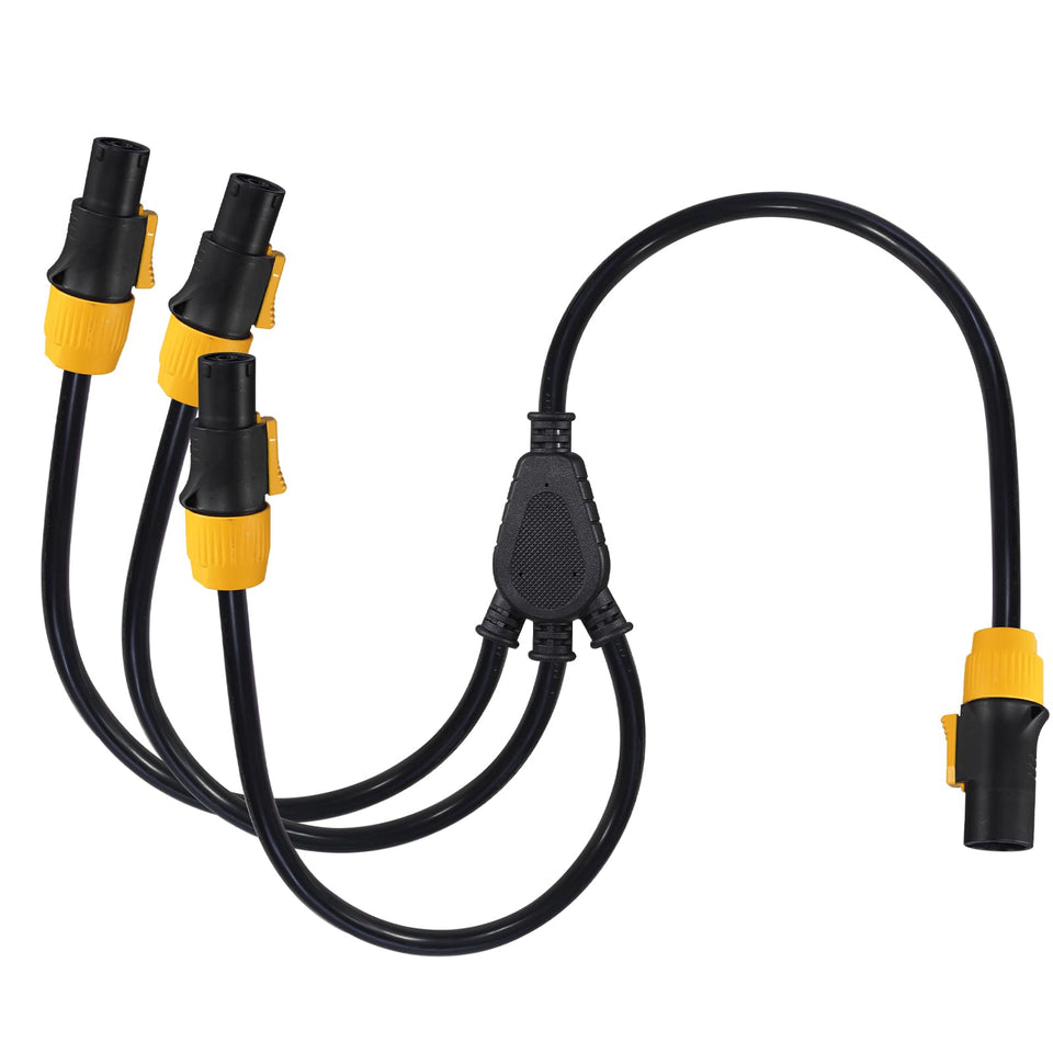 wininks front view of powerCON True1 Y splitter showing connectors and jacket benefit durable design