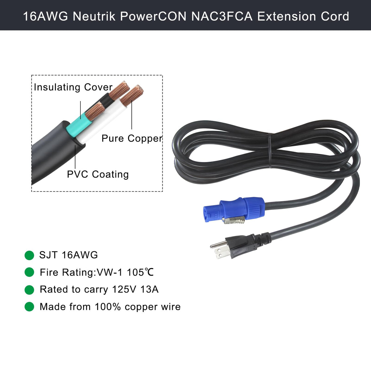 wininks NAC3FCA blue PowerCON connector with lock to prevent accidental disconnects.