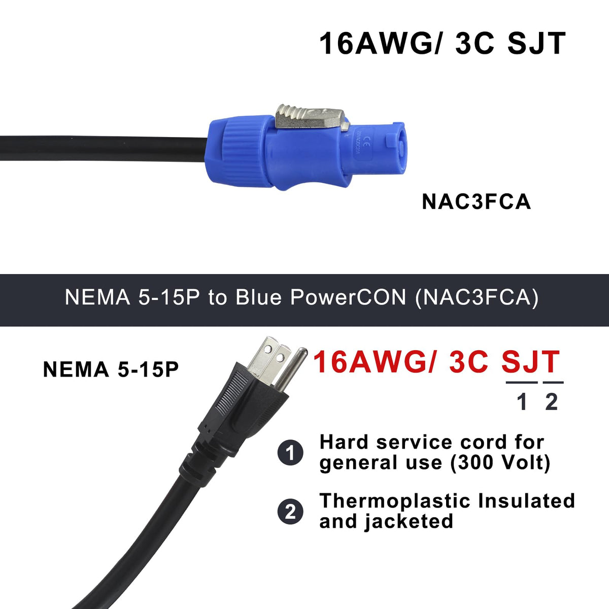 wininks NEMA 5-15P to PowerCON cable for indoor and outdoor equipment.