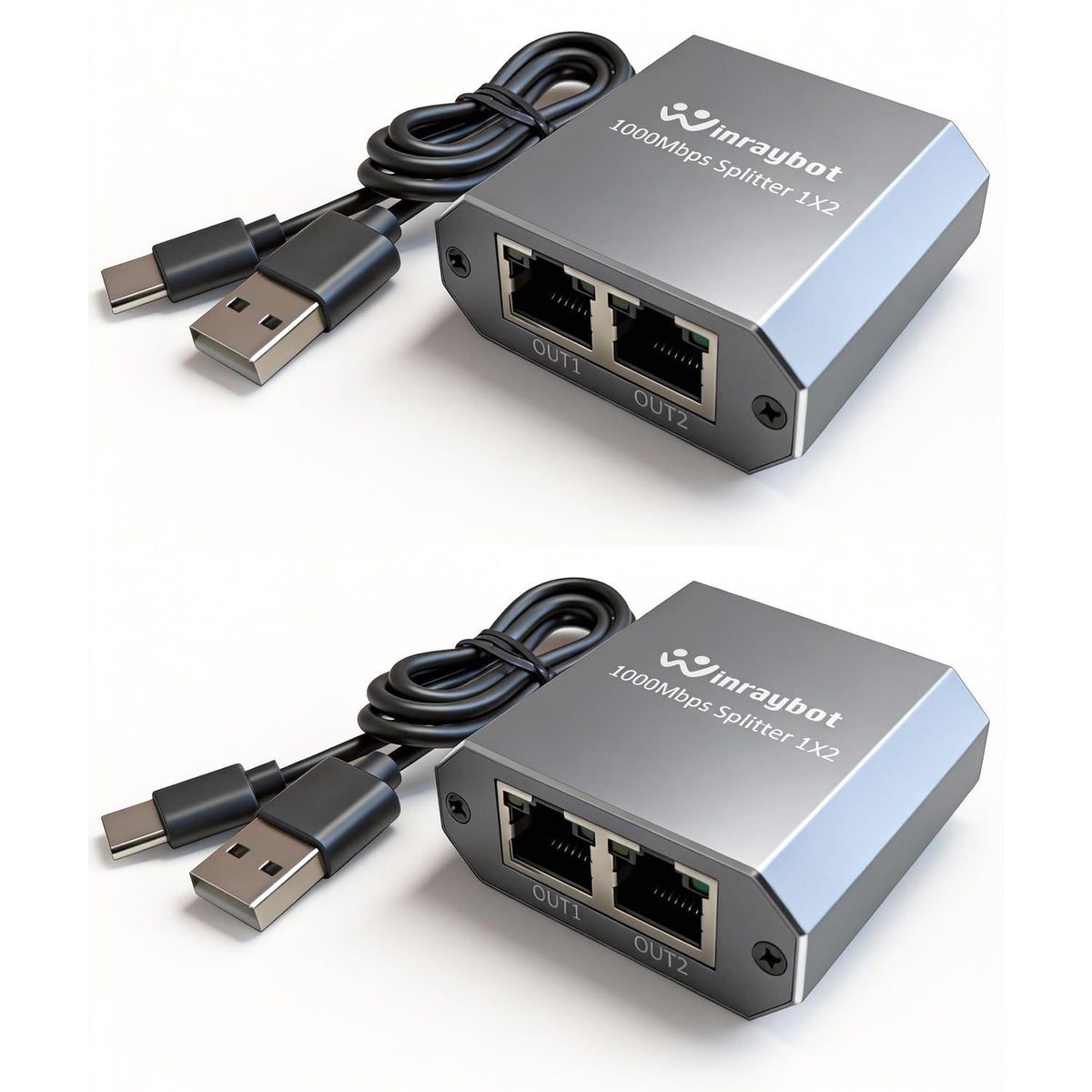 WinRaybot front view showing two LAN ports and compact aluminum body for space saving