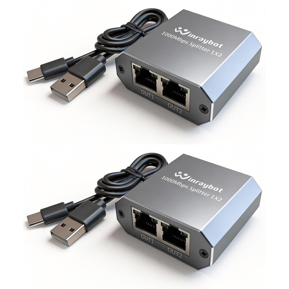 WinRaybot front view showing two LAN ports and compact aluminum body for space saving